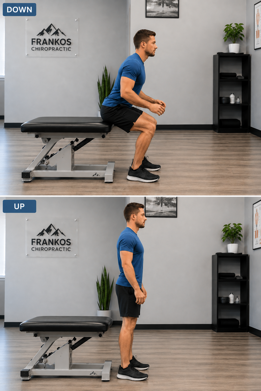 Controlled sit-to-stand exercise showing the seated and standing positions.