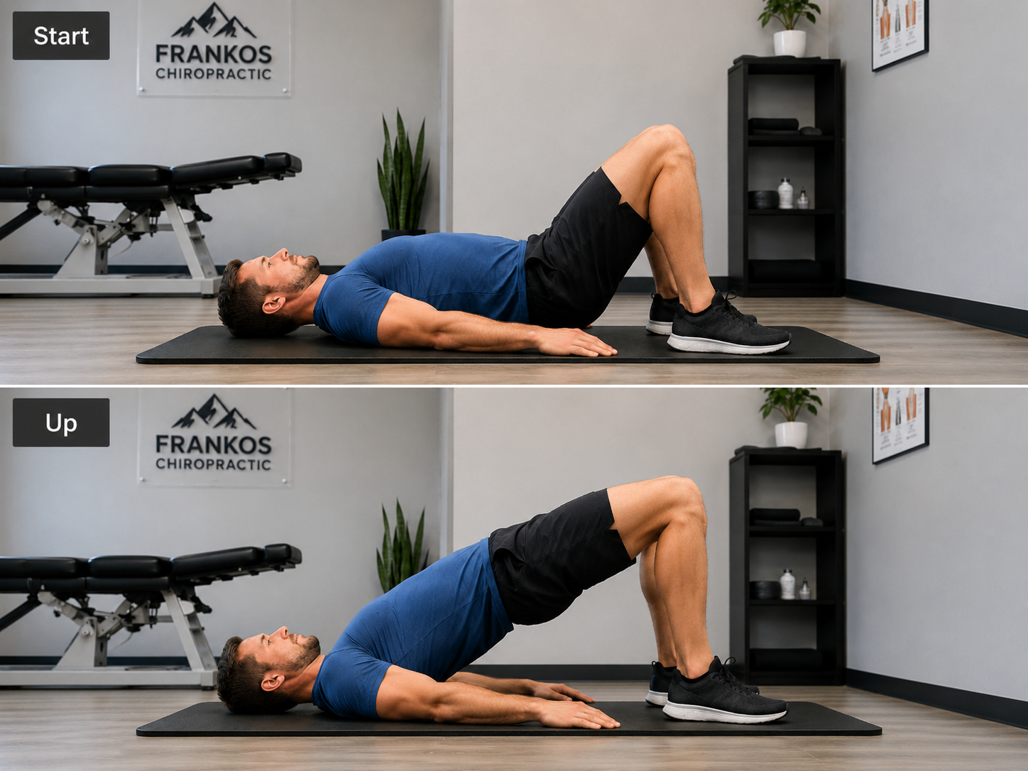 Glute bridge exercise showing the starting and elevated positions.