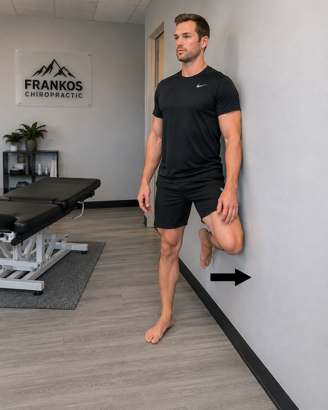 Standing hip-abduction wall press exercise demonstrated in a chiropractic rehabilitation clinic.