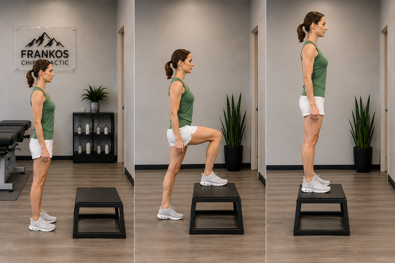 Step-up exercise progression showing standing in front of the step, one foot up, and both feet up.