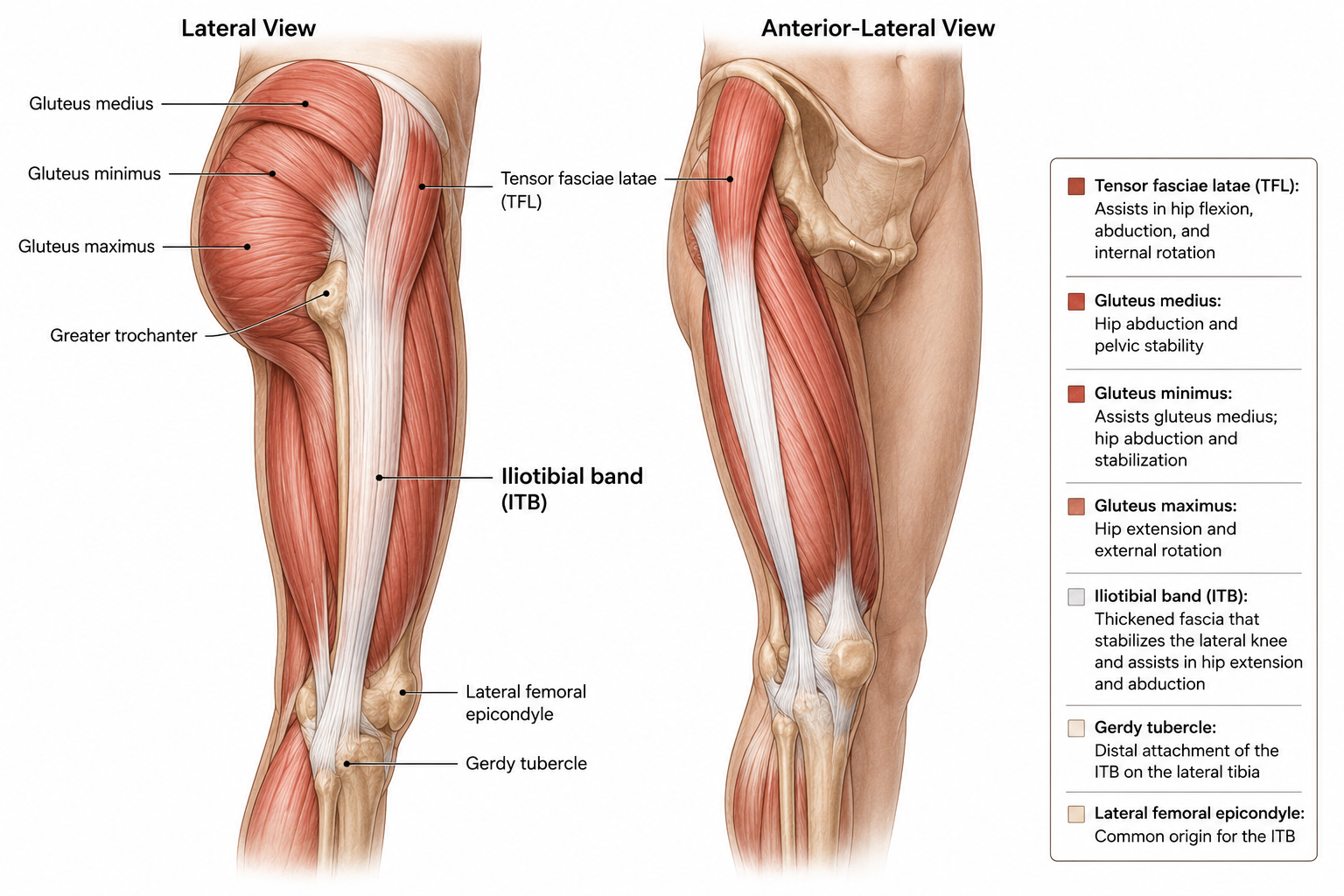 Lateral hip, thigh and knee anatomy showing the iliotibial band and surrounding structures.